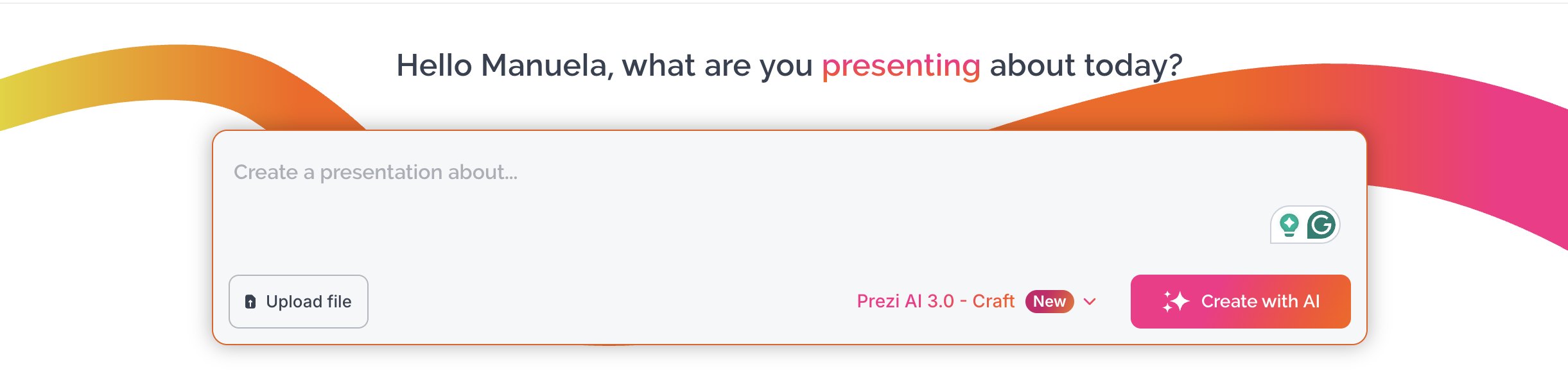 Prezi dashboard after the redesign: one input box combining Upload file and Create with AI.
