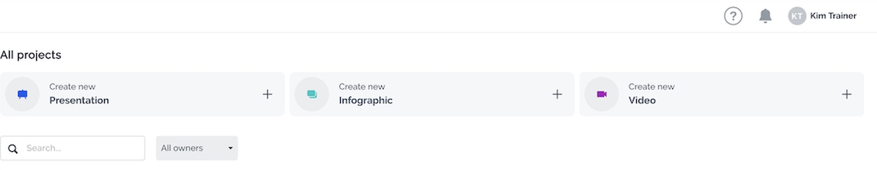 Prezi dashboard before the redesign: three create-new tiles sorted by output type — Presentation, Infographic, Video.